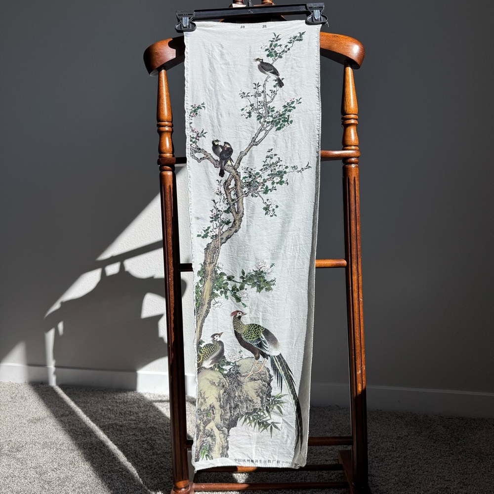 Chinese Woven Silk Tapestry Wall Hanging Birds Bamboo Dujinsheng Hangzhou 27x92